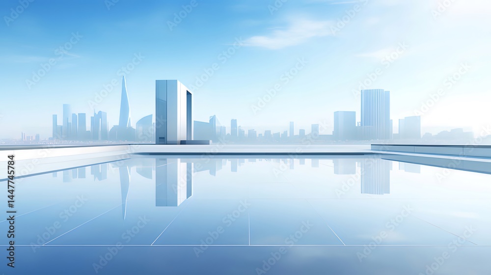Poster 青空の下の近代的な都市建築の反射水面 美しい未来的なデザインコンセプト