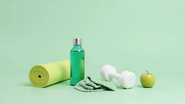 Yoga essentials with healthy fruits and bottle - Healthy Lifestyle Concept with Yoga Mat, Weights, and Fresh Fruits