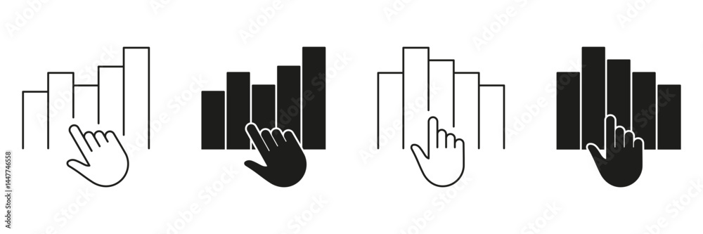 Poster hand interacting with bar chart line and solid icon set. data analysis, interactive graphs, and busi