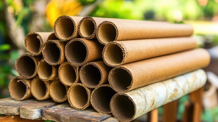 Stack of cardboard tubes and foldable kraft boxes ready for sustainable shipping