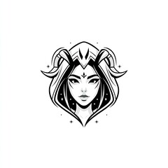 Mystical female figure with horns and hooded attire.