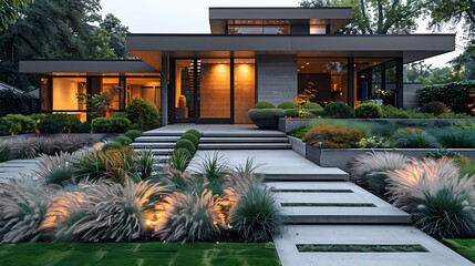 Modern front yard with step lights and grasses high resolution photo