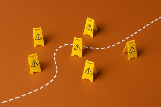 Yellow Caution Wet Floor Signs on Brown Background Minimalist Safety Concept Warning Signage Alert Risk Prevention Workplace Hazard Prevention Icon Minimal Design Path Image Clean Route Danger Symbol 
