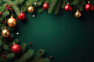 Obraz premium Dark green pine boughs laden with gold, red & white ornaments , christmas, nature