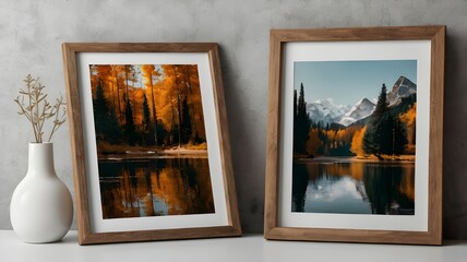 Fototapeta premium Two wooden framed paintings feature a tranquil lake scene with autumn trees and snowy mountains.