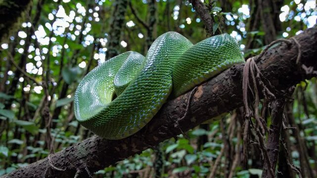 Close-up, low-angle shot of a green snake coiled on a branch in a lush jungle, capturing a serene and natural video scene.