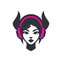 Stylish female gamer logo featuring headphones and horns.