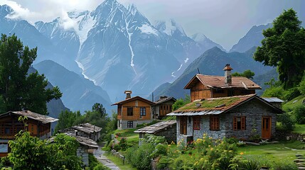 Peaceful stone homes set against towering snow mountains high resolution photo