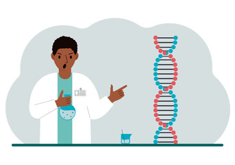 Male doctor with flasks near the dna chain. The concept of a new coronavirus, virus, pcr or disease treatment. Vector flat illustration