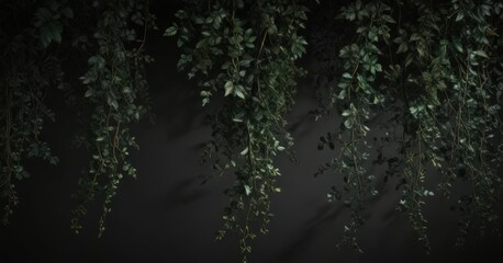 Intricate dark green foliage, vines weaving shadows on black backdrop,  night,  stems