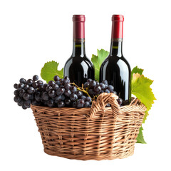 Obraz premium Elegant wine basket with bottles, lush grapes, and green vine leaves, perfect for vineyard themes. Ideal for winery promotions, culinary projects, and lifestyle branding. PNG format.