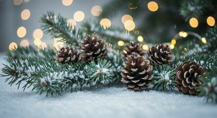 Pine Cones and Snowy Spruce with Festive Lights