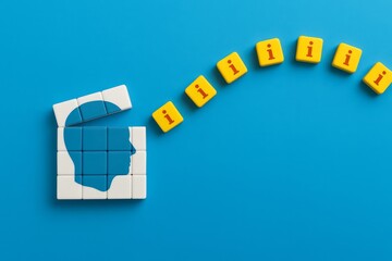 Conceptual Image of Human Head Puzzle Blocks Information Flow Blue Background Creative Idea Innovation Problem Solving Solution Strategy Thinking Process Learning Knowledge Development Education      
