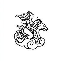 Mythical figure rides a dragon through clouds.