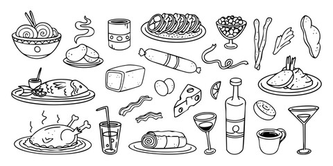 Food and drink stickers, doodles and freehand drawings, cafe and restaurant meals, alcohol drinks, fruits and vegetables. Vector design element set, illustration and black and white line art.