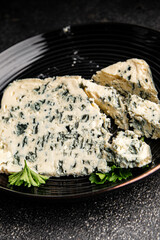 Roquefort cheese gorgonzola Cheese mold natural food dish organic product fresh tasty gourmet food background on the table rustic food top view copy space