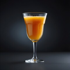 A vibrant glass filled with freshly squeezed orange juice, placed centrally on a dark, matte black background. 