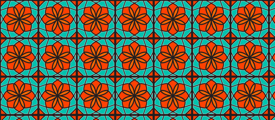 Islamic-inspired stained glass tile pattern with orange-red floral motifs and teal geometric framework, intricate symmetrical design with dark brown outlines