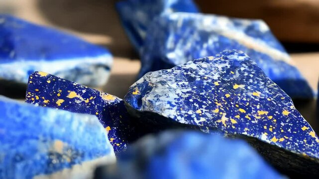 Close-up on pile of rough-cut Lapis Lazuli gemstones with vivid blue and white marbling, showing crystalline detail, texture and mineral variations.
