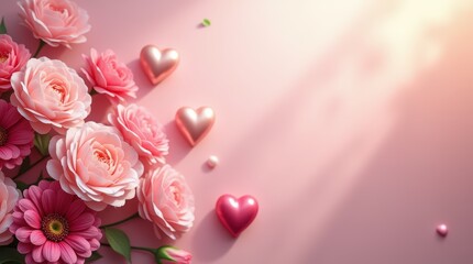 Beautiful pink roses and hearts create a heartfelt mother's day gift display on a soft pastel background