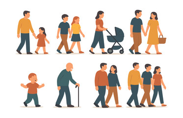 Family walk icons set – parents, children, stroller, walking, togetherness, generations, unity, community