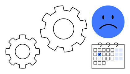 Two interlocking gears alongside a sad blue face and marked calendar suggest stress, missed goals, and workflow issues. Ideal for productivity, deadlines, disappointment, business, planning, failure