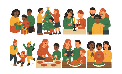 Festive family activities icons set – gifts, tree, candles, dinner, winter, reading, celebration, joy
