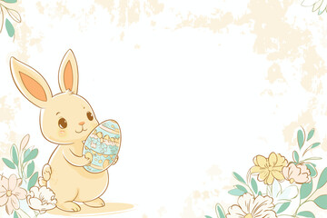 A cute bunny holds a colorful egg among pastel flowers.