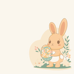 A cute bunny holds a colorful egg among pastel flowers.