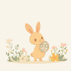 A cute bunny holds a colorful egg among pastel flowers.