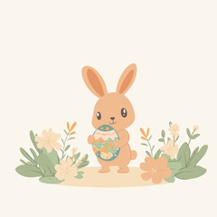 A cute bunny holds a colorful egg among pastel flowers.