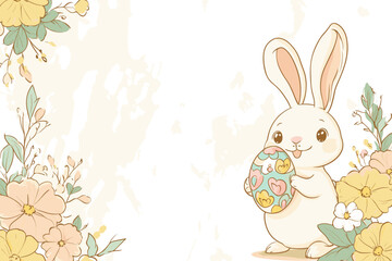 A cute bunny holds a colorful egg among pastel flowers.