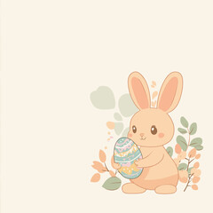 A cute bunny holds a colorful egg among pastel flowers.