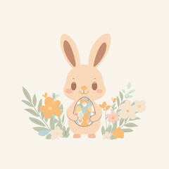 A cute bunny holds a colorful egg among pastel flowers.