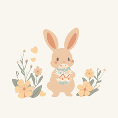 A cute bunny holds a colorful egg among pastel flowers.