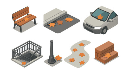 Urban autumn scene icons set – bench, car, leaves, path, stairs, brick, streetlight