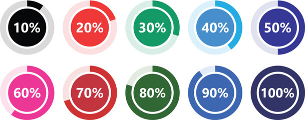 colorful circular percentage progress bar icons from 10 to 100 percent, vector set design for data, stats or infographic use	
