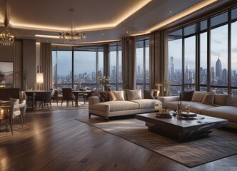 Opulent penthouse suite, breathtaking cityscape, sunset, bedroom, windows