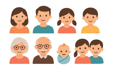 Family icons set – diverse generations: parents, kids, grandparents, baby