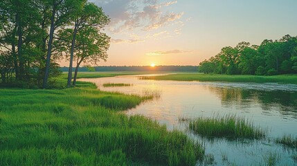 Obraz premium Tranquil dawn marshland landscape with vibrant vegetation and gentle waterflow