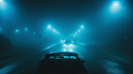 Obraz premium The image is a long, dark, and foggy road at night. The only light comes from the headlights of the cars on the road.