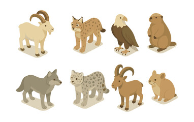 Mountain wildlife icons set – goat, lynx, eagle, marmot, wolf, snow leopard, ibex, bear