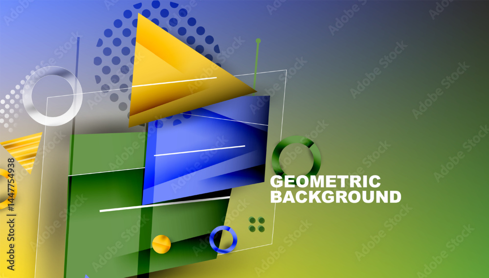 Poster Abstract geometric composition. Shapes overlap, creating dynamic visual effect. Colors blend, forming gradient background. Modern design element.