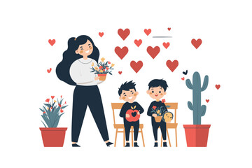 Cheerful family scene with flowers and hearts, cartoon style.