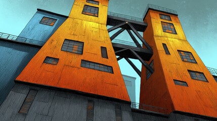 Dramatic blue and orange urban landscape with a striking light source illuminating the scene Suitable for various creative projects - banner illustration color poster shadows