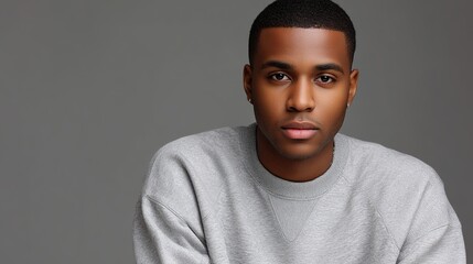 Fototapeta premium Black male model in stylish sweatshirt, neutral expression - modern minimalism and effortless style 
