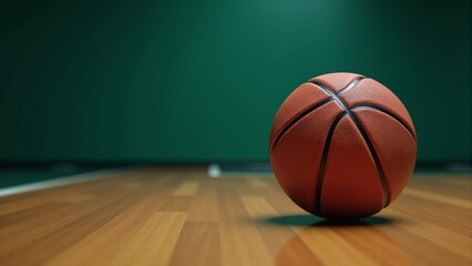 Fototapeta premium Basketball On Wooden Court Against Green Wall