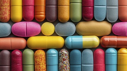 Multiple types of pills and capsules neatly arranged - healthcare pharmacy treatment