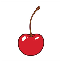 A simple illustration of a red cherry with a single long brown stem. The cherry is drawn with cartoon-like highlights, giving it a glossy appearance