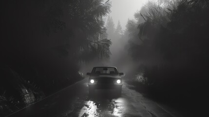 The image is a dark and foggy road with a car driving through it. The car is in the center of the road and is surrounded by trees.